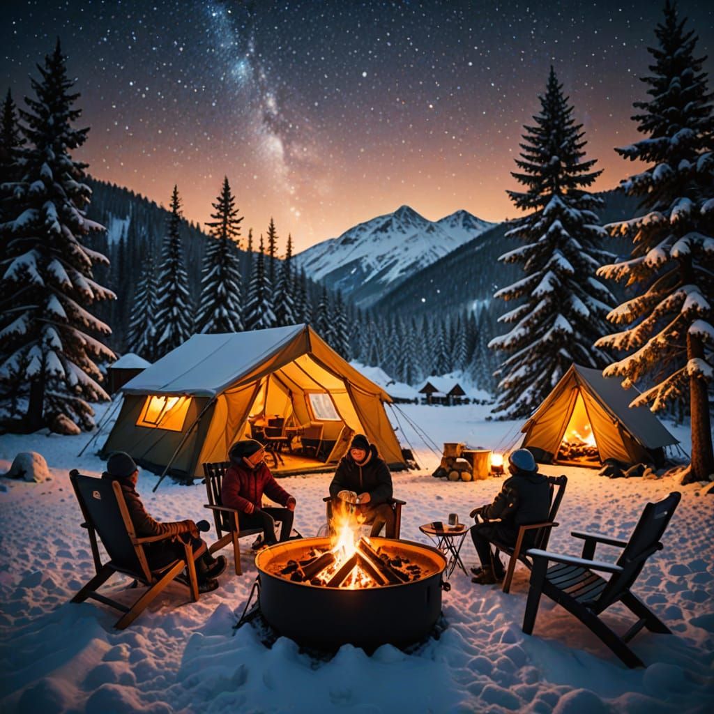 Winter Wonderland Camping Scene in Surreal Style