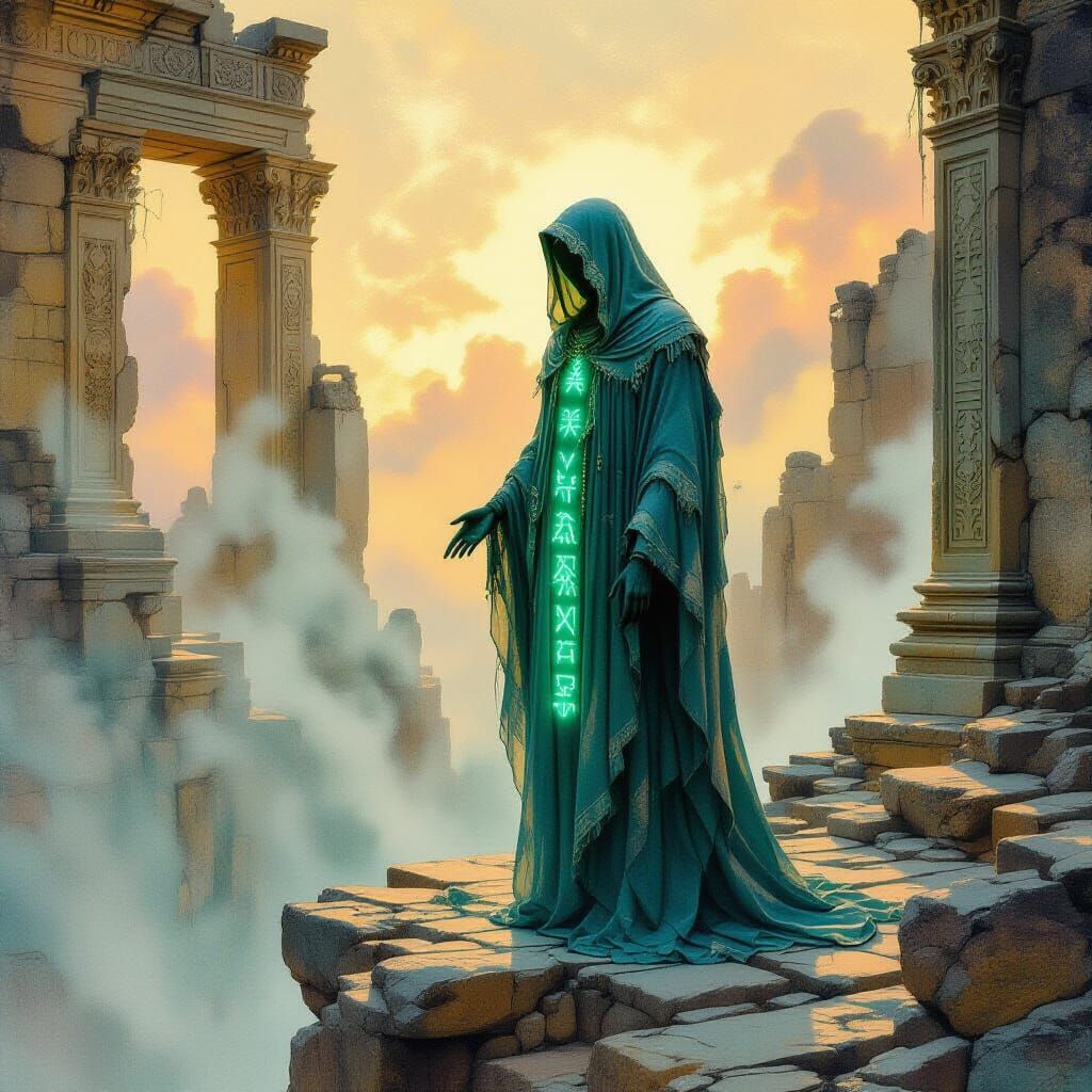 Ethereal Figure Among Ancient Ruins in Pre-Raphaelite Style