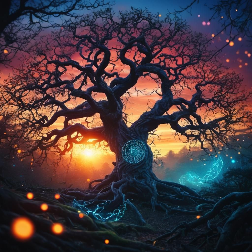 Enchanted Forest Silhouette at Sunset with Fairy Lights