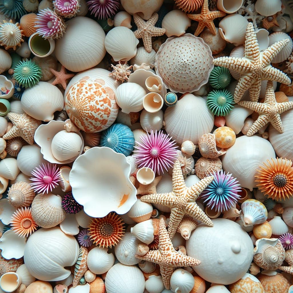 Whimsical Oceanic Scene with Seashells, Sea Urchins, and Sta...
