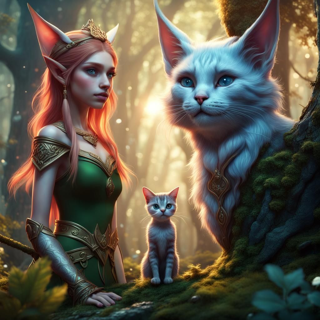 Magical Elf Couple in Fantasy Forest: Detailed Matte Paintin...