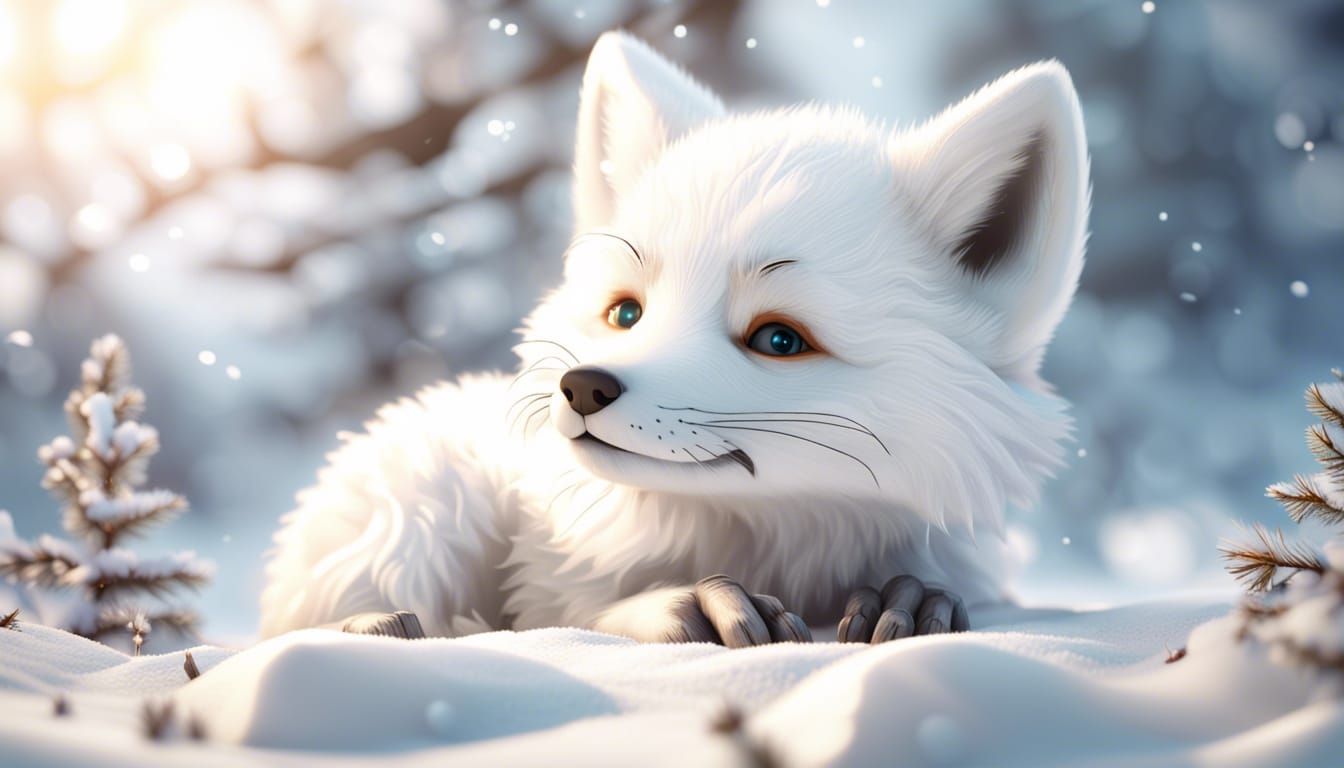 white fox pup laying on the snow christmas 3D Game Cinematic Feel, Epic 3D Videogame Graphics, Intricately Detailed, 8K ...