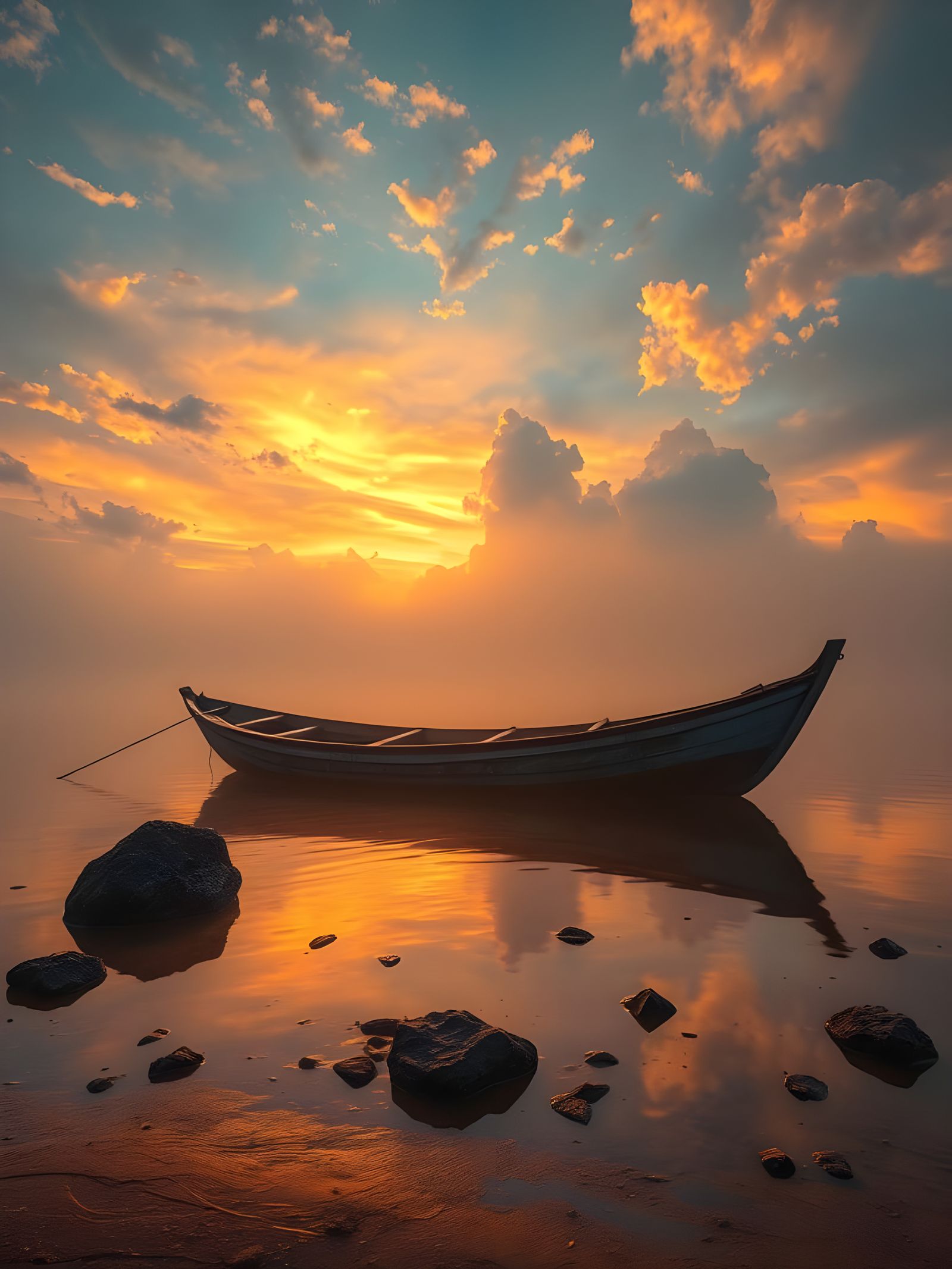 Weathered Fishing Boat on Orinoco River at Surreal Sunset