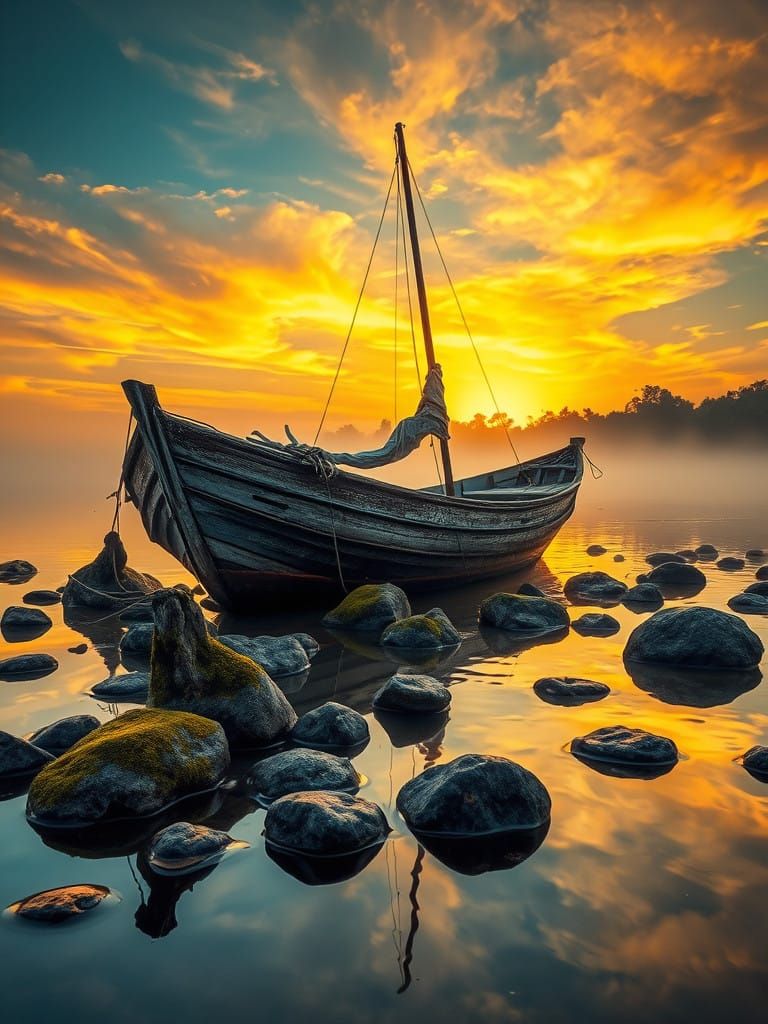 Weathered Fishing Boat Amidst a Misty Orinoco Sunset