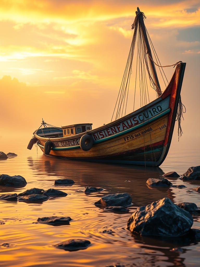 Weathered Fishing Boat at Sunset on the Orinoco River