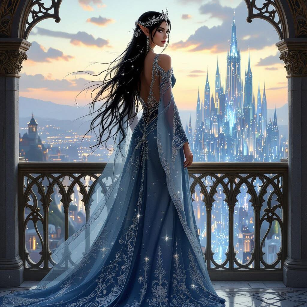 Elven Queen Overlooking Her Kingdom in Art Nouveau Style