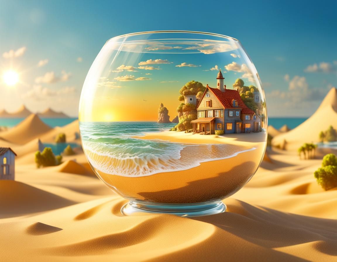 Naive Village in Glass Cup on Golden Sea