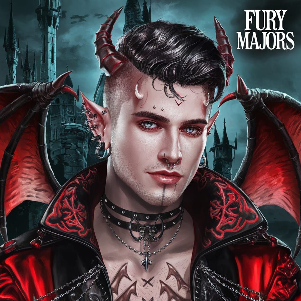 Handsome demon male .peircings blue eyes , shiny black hair ...