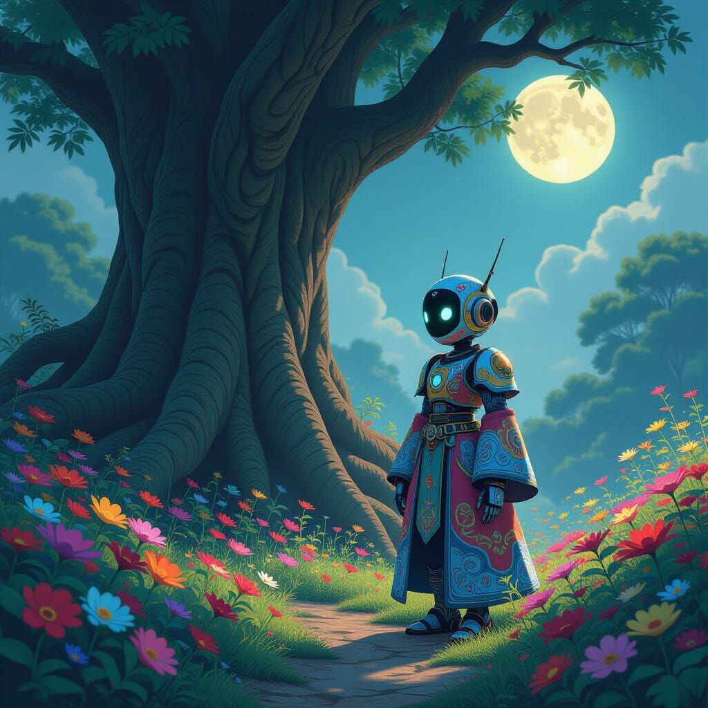 Robot in Garden, Whimsical Dreamlike Style