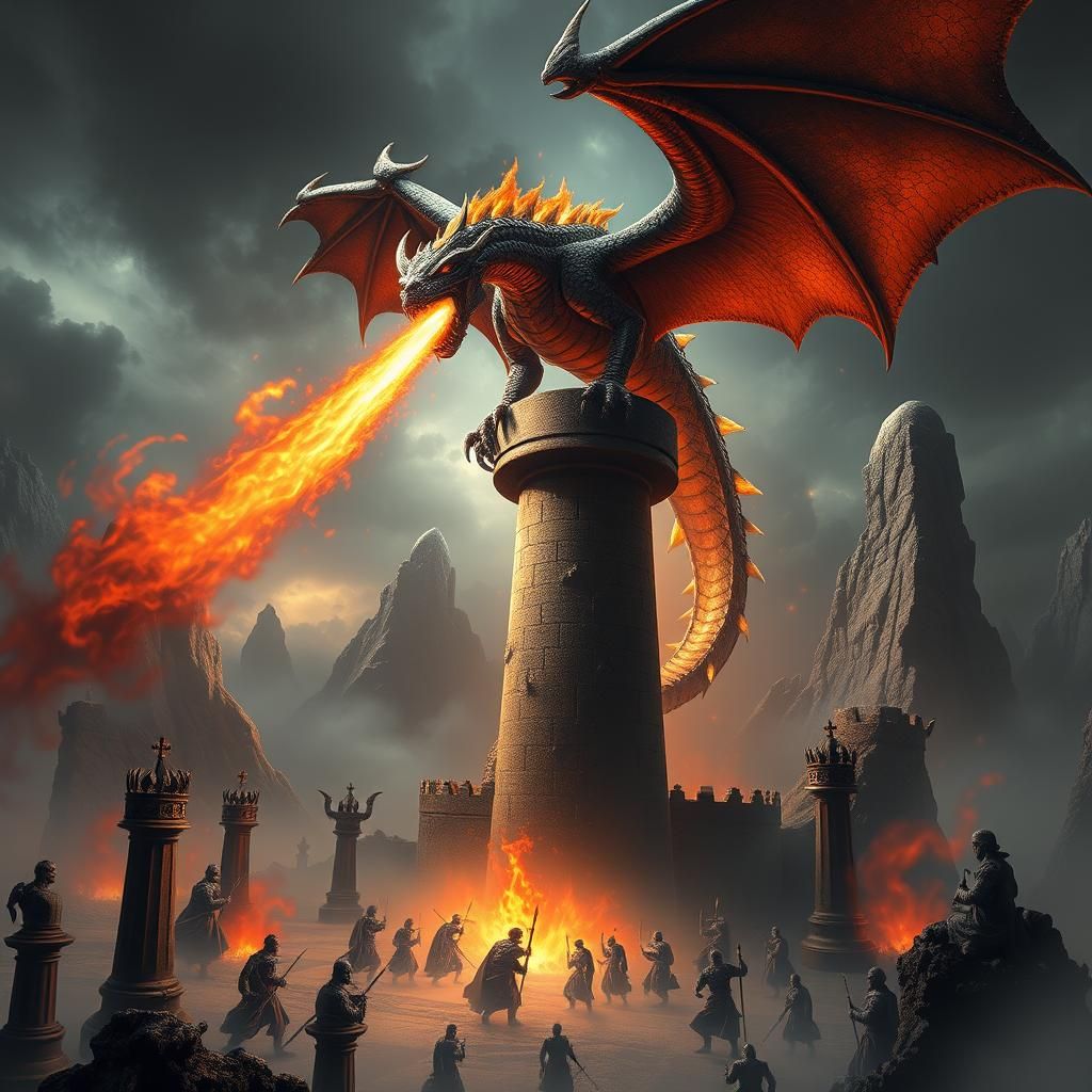 Dragon King on Chessboard Tower in Dark Fantasy Style