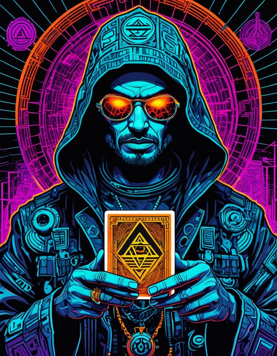 Vivid Glitch Art Trading Card with Esoteric Symbolism