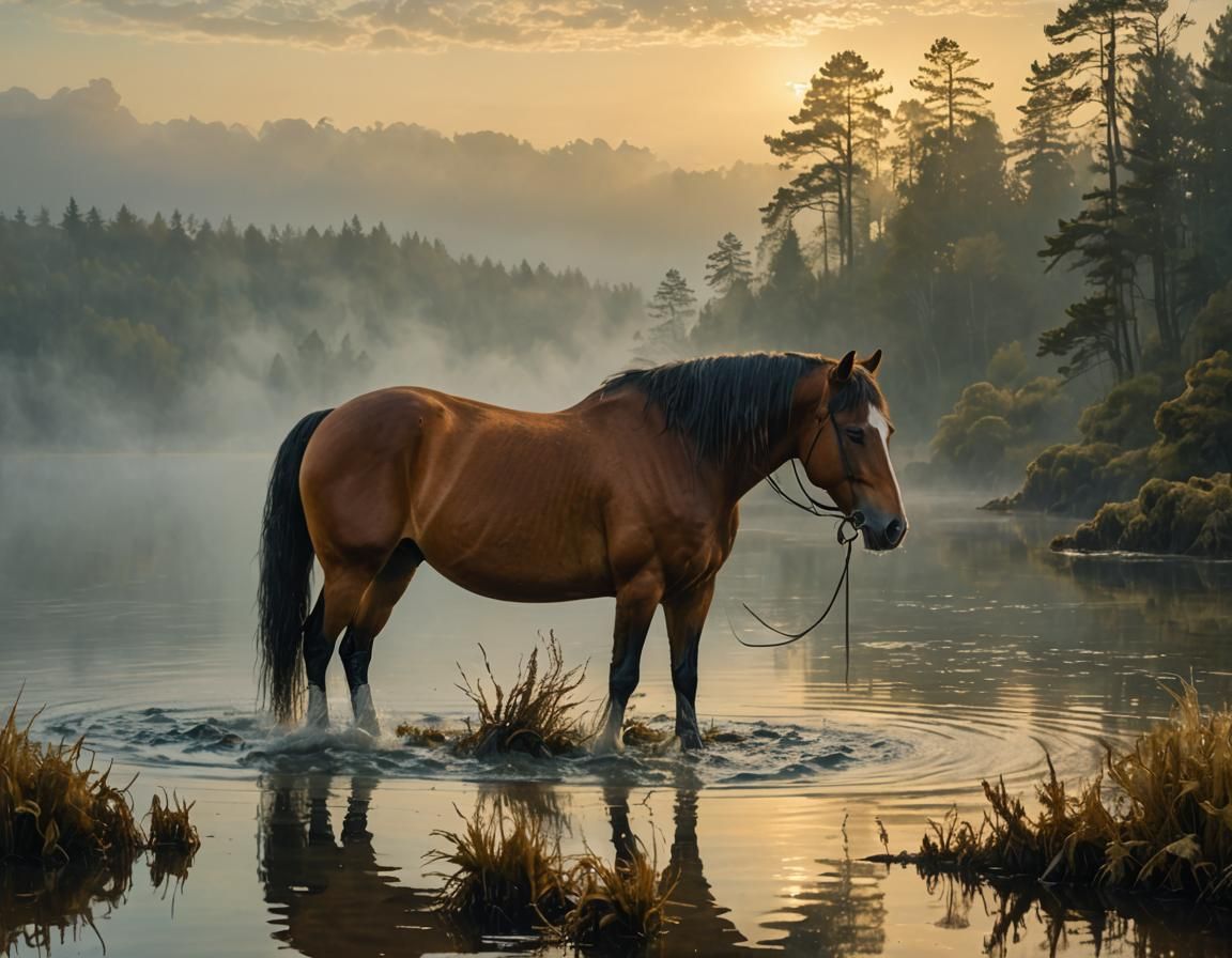 Mystical Seaweed Horse Portrait in Atmospheric Oil Painting