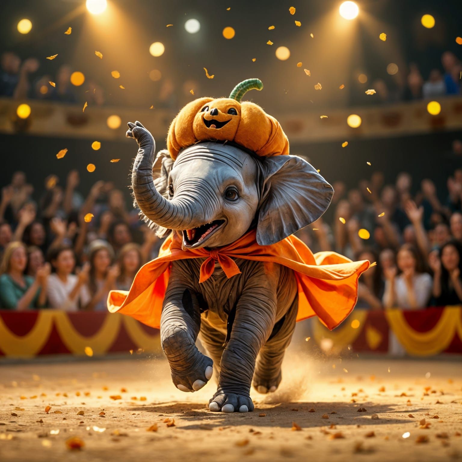 Hyperrealistic Elephant Calf Joyfully Runs in Circus Arena