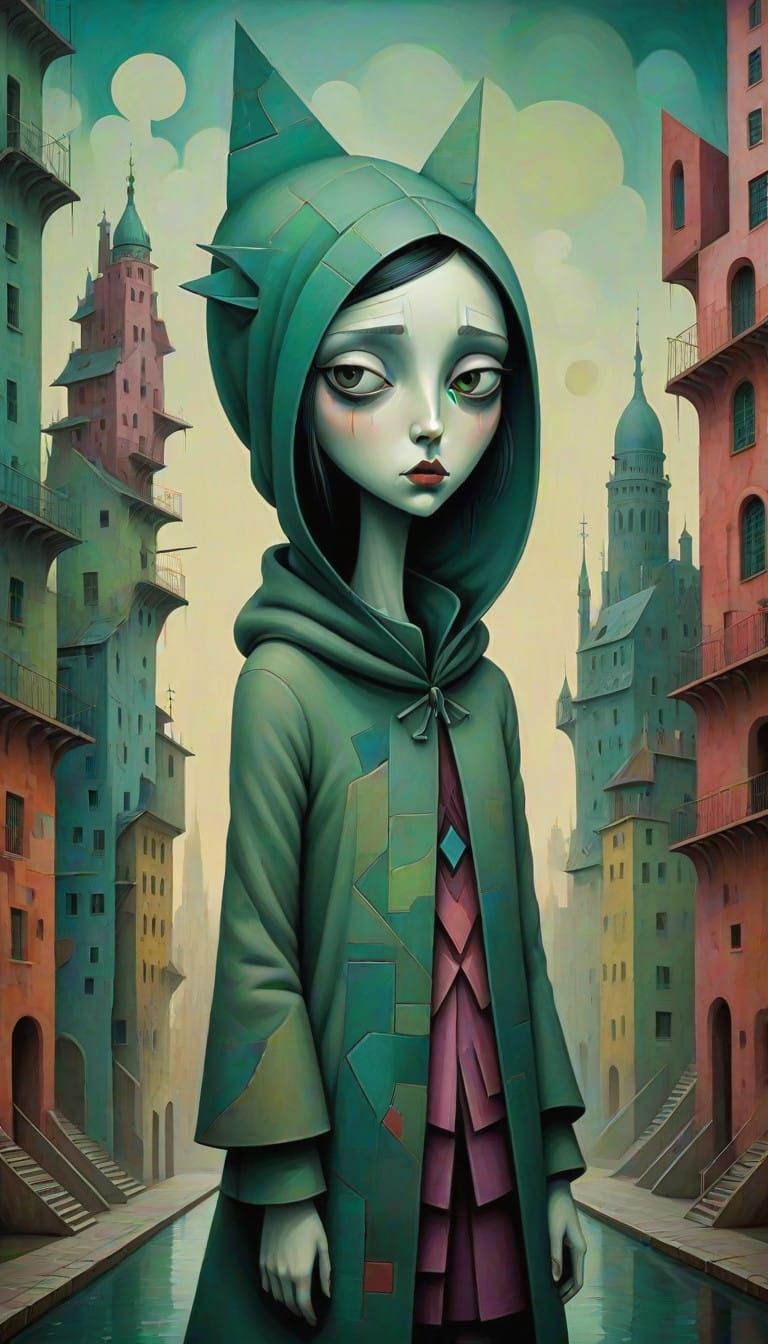 Elongated Figure Amidst Dystopian Cityscape in Vibrant, Cubi...