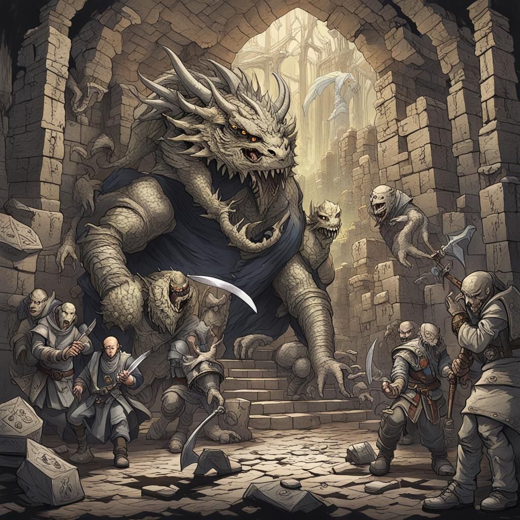 Adventurers Fight Monsters in a Labyrinthine Dungeon