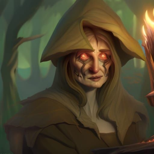 Old wrinkled norse witch reading her Magic Nordic divining bones carved with glowing carved runes on them in a mossy for...