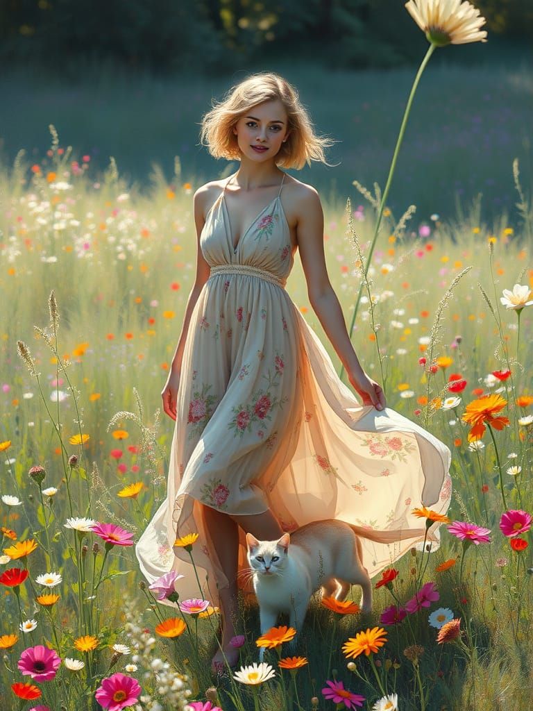 Woman and Cat in Wildflowers as Impressionist Painting