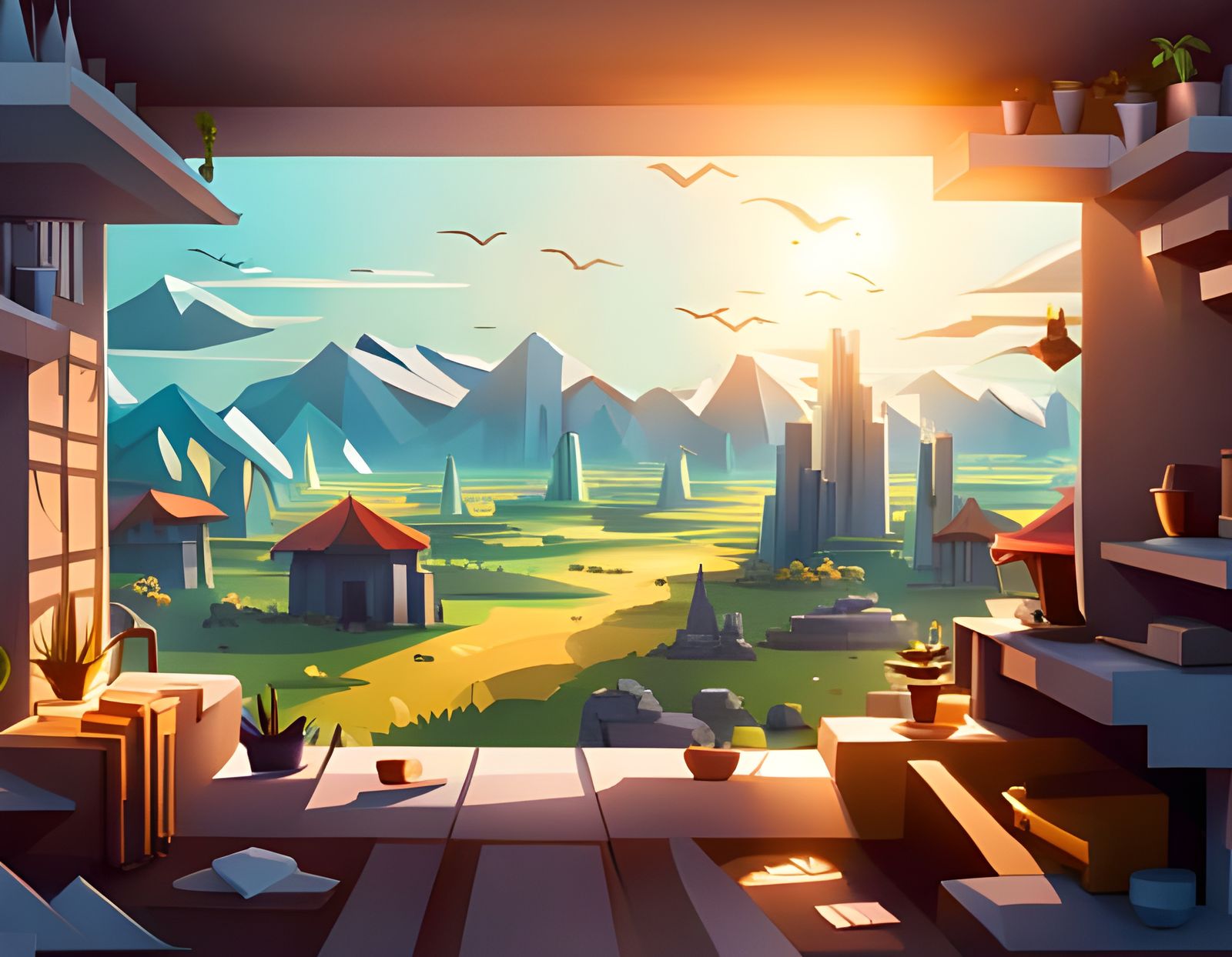 Post apocalyptic wonderland viewed through a window Origami paper folds papercraft, made of paper, stationery, 8K resolu...