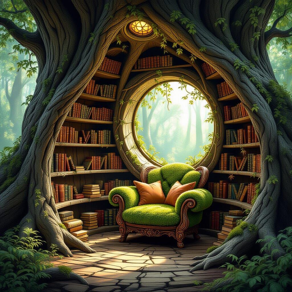 Enchanted Reading Nook in Ancient Tree