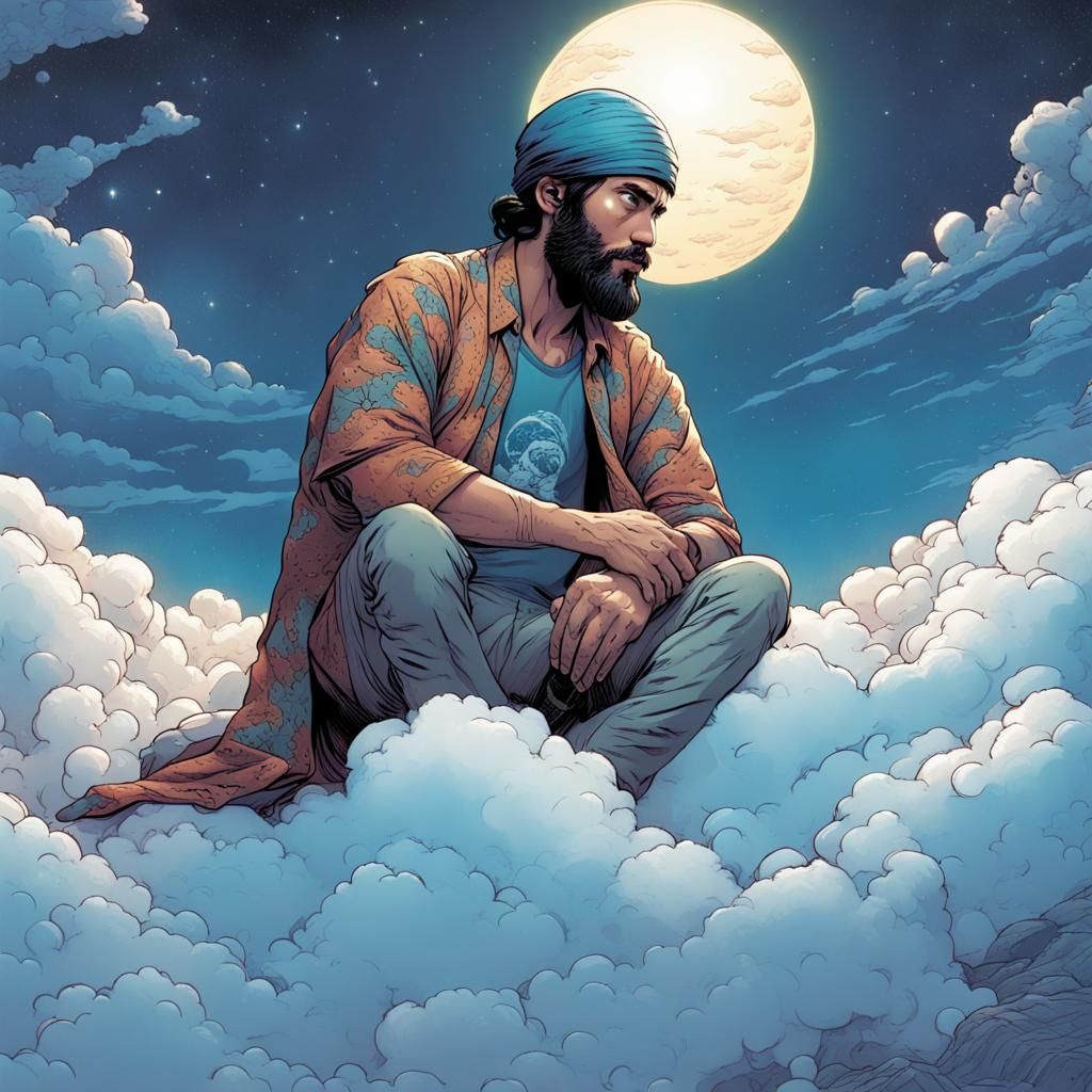 Man on Cloud Comic Book Art Staring at Earth