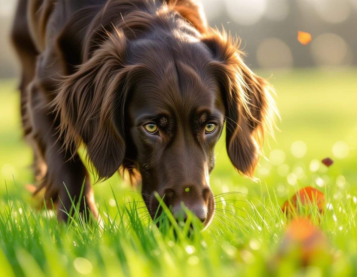German Pointer Dog Sniffing Grass at Dog's Eye Level
