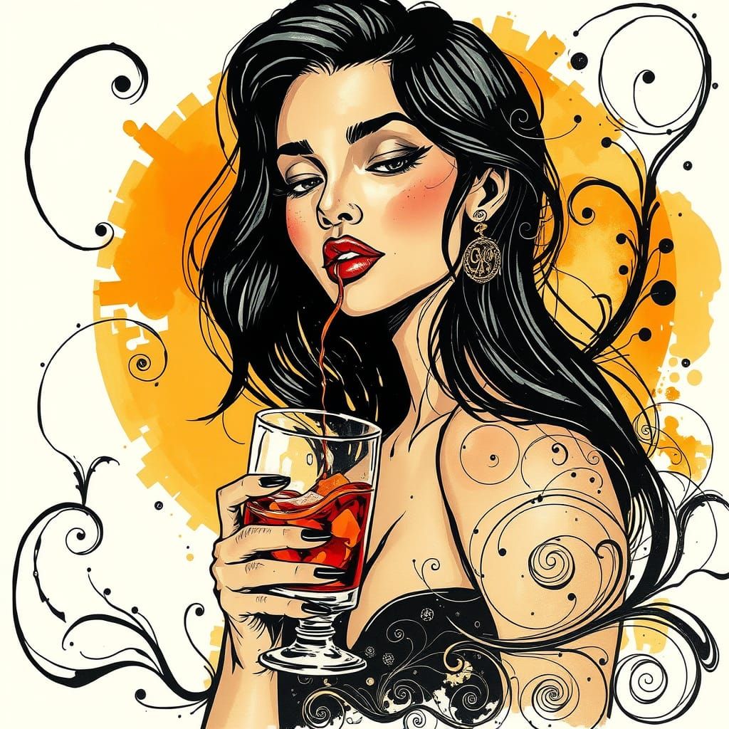 Latina Beauty's Whiskey Dreamscape: Alcohol Ink Sketch