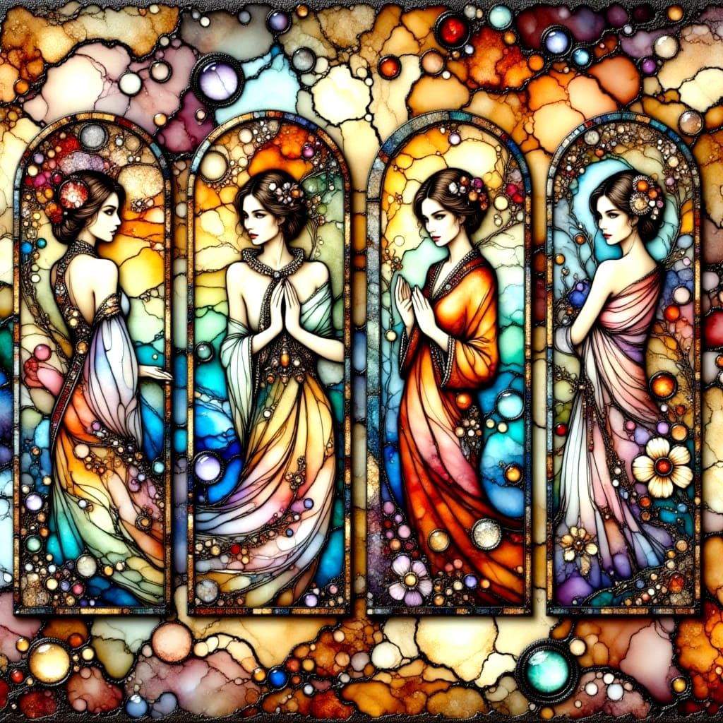 Elegant Art Nouveau Women in a Serene Lake Landscape