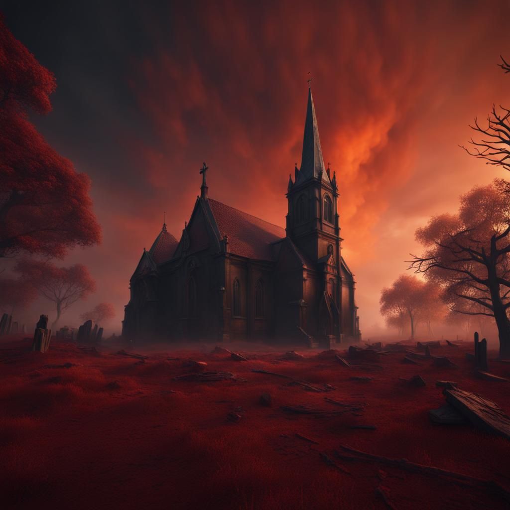 Eerie Church Scene with Levitating Figure