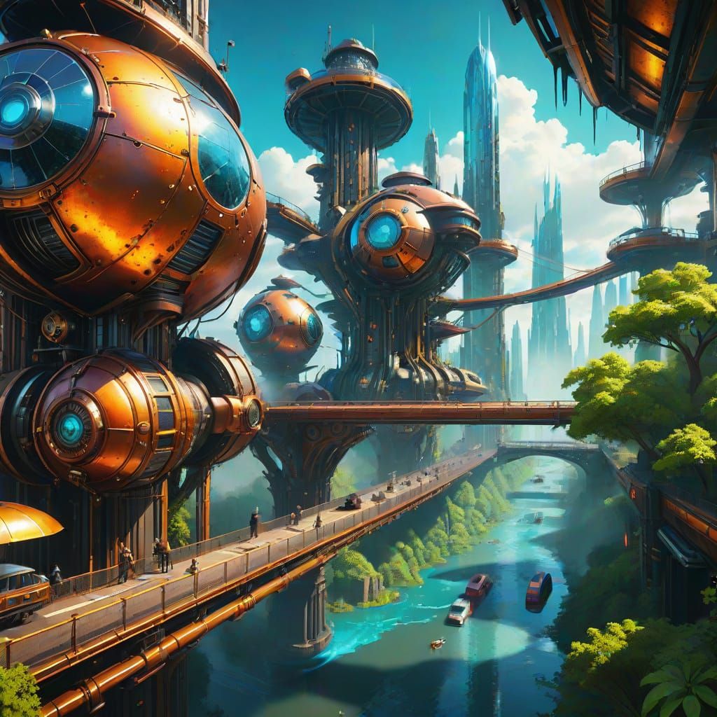 Cyberpunk Metropolis Unfolds Amidst Lush Forest Canopy