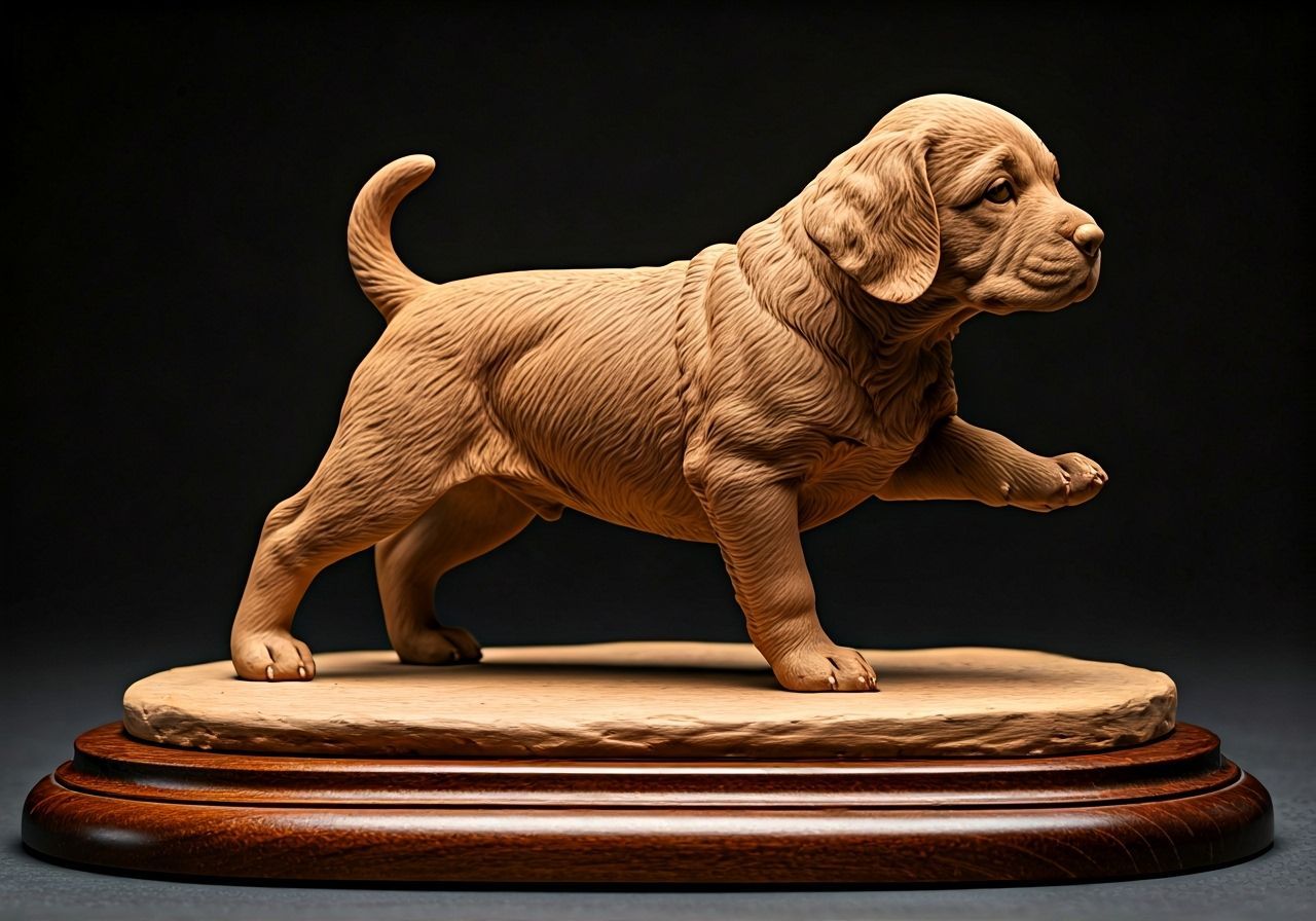 Photorealistic Clay Puppy Sculpture on Wood Base