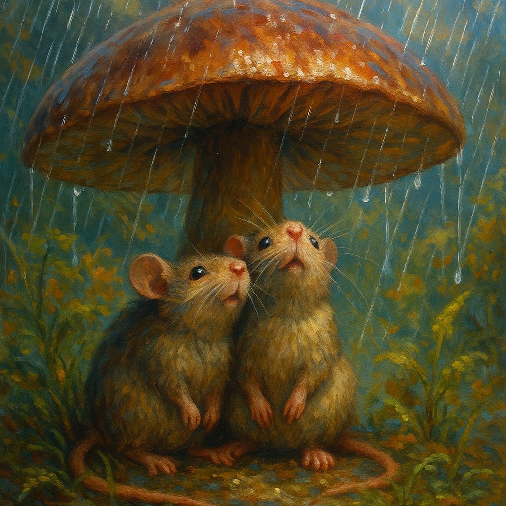 Mice Seek Shelter Under Mushroom in Summer Rain
