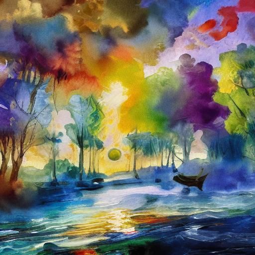 Impressionist Gouache Painting of Forest Trees