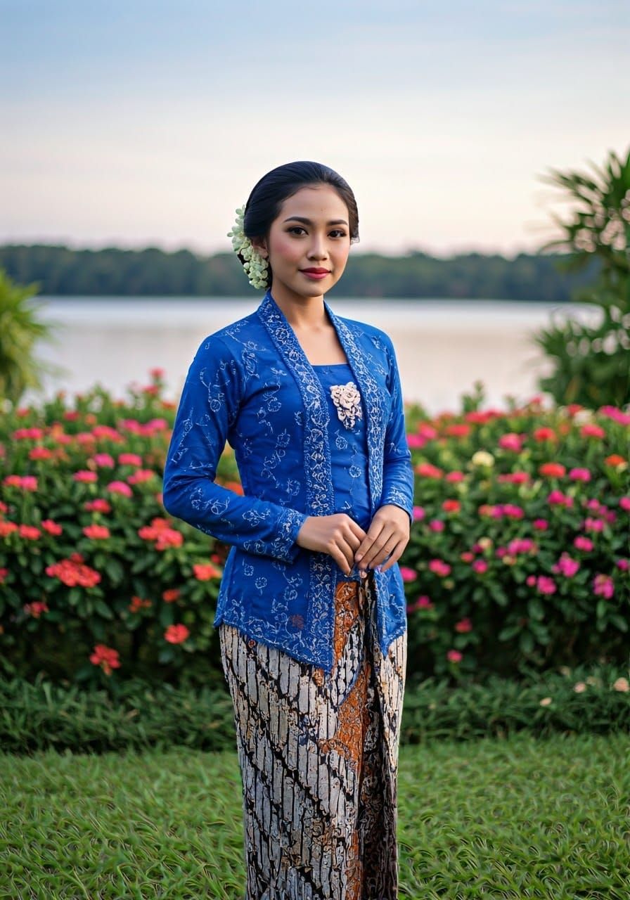 Indonesian Woman in Kebaya with Batik Skirt