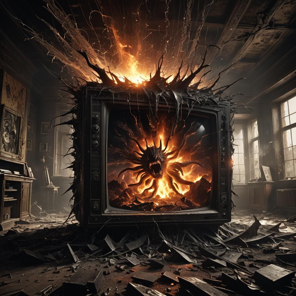 Monster Exploding from TV in Dark Surrealism