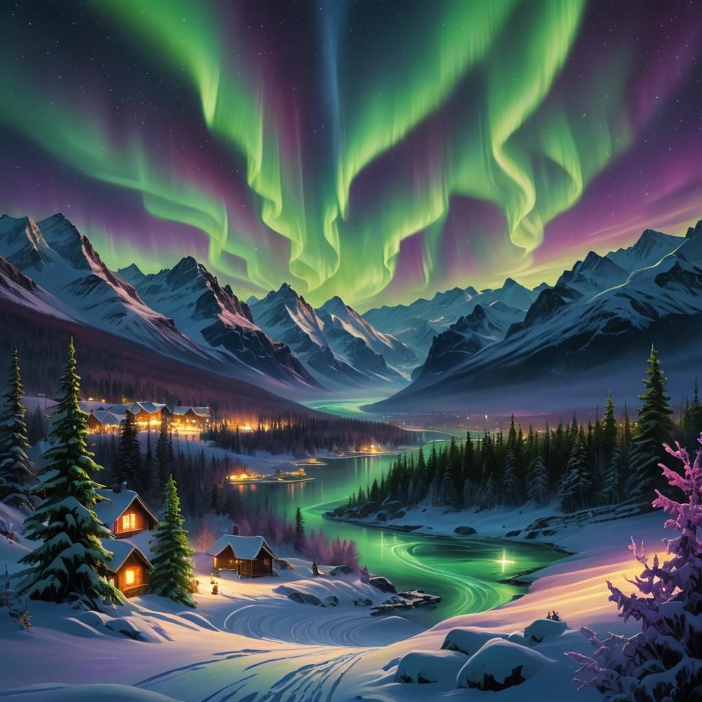 Northern Lights Dance Across Winter Sky: Fantasy Art