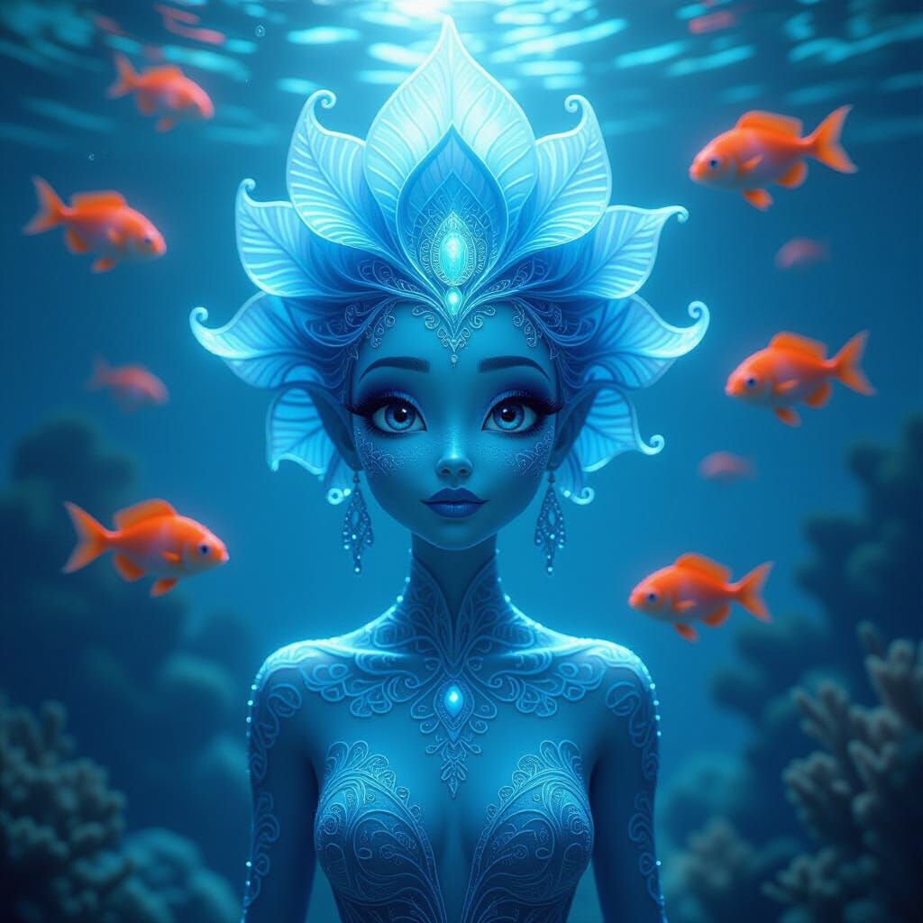 Surreal Blue Figure in Bioluminescent Underwater Fantasy