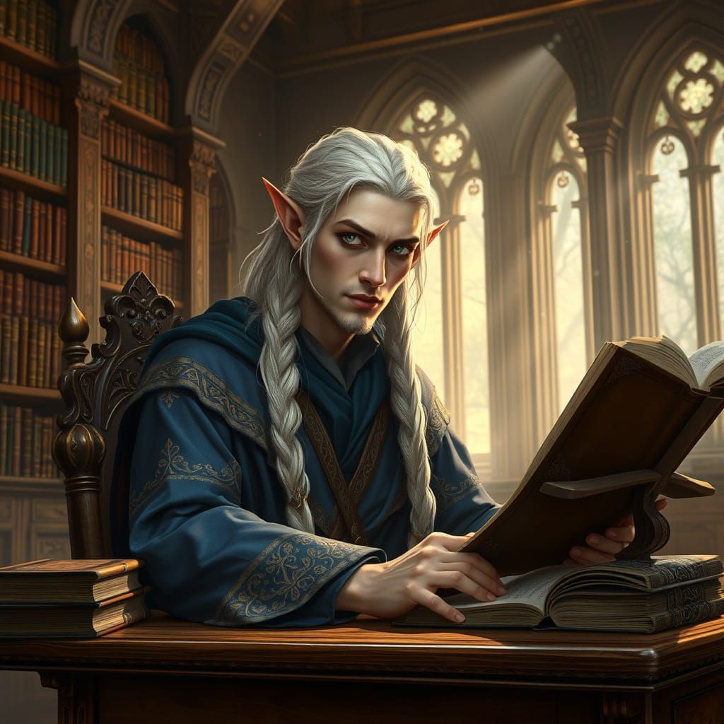 Elven Scholar in Grand Library, Hyper-Realistic Art Nouveau