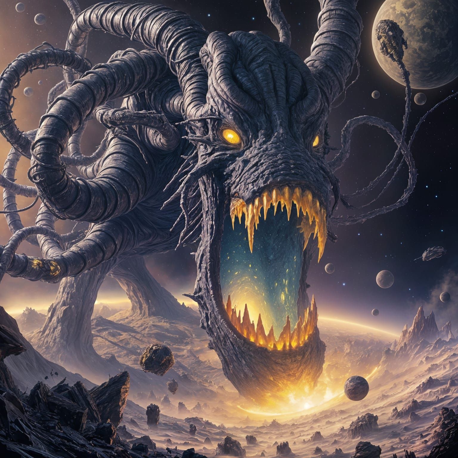 Ethereal Cosmic Horror Absorbs a Shattered Planet