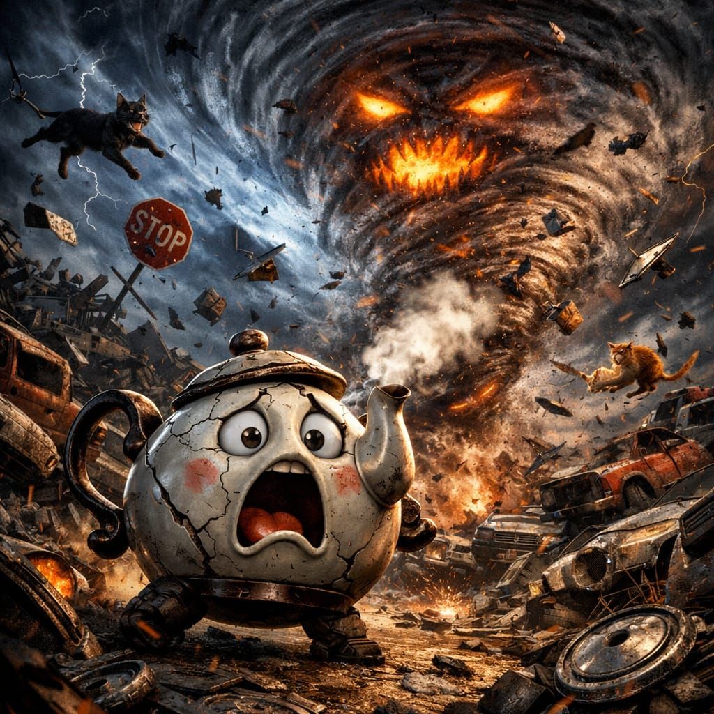 Horrified Teapot Faces Evil Tornado in Junkyard
