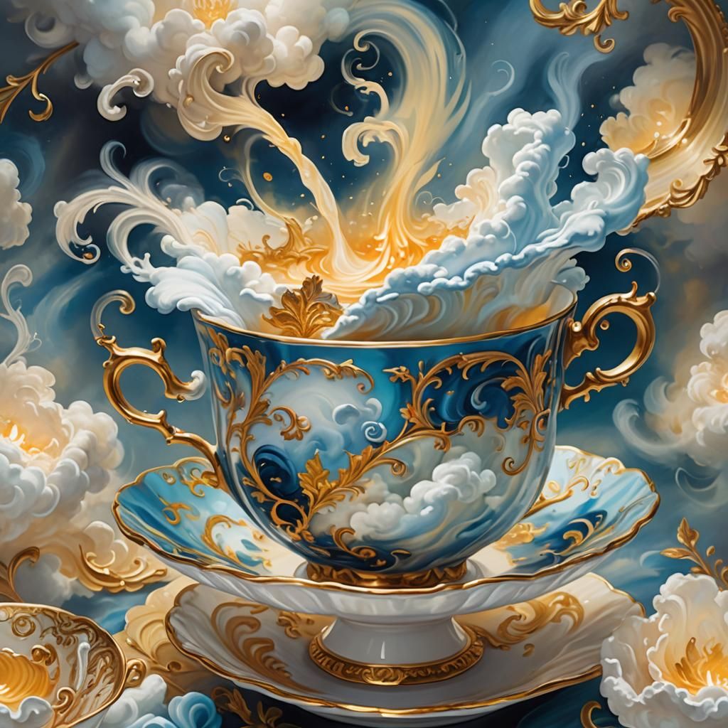 Stormy Teacup: Whimsical Surrealism in Oil Painting