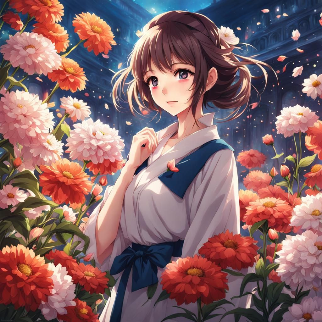Anime Girl Surrounded by Stunning Flowers