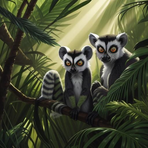 Lemurs in a Lush Forest, Naive Art Style