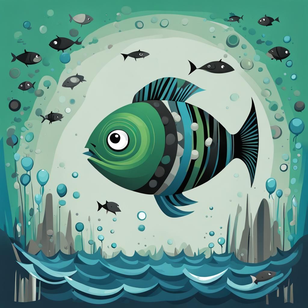 Egyptian Cartoon Fish Monster in Abstract Ocean