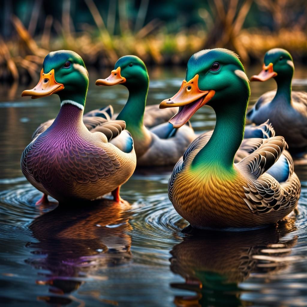 Psychedelic Laughing Ducks in Hyperrealistic Detail