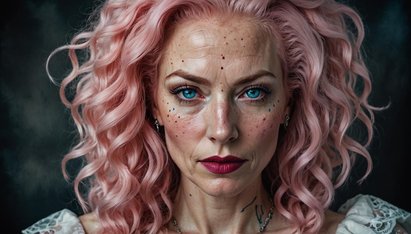 ""Closeup of beautiful middle-aged north european woman with alabaster complexion, freckles, blue eyes, extreemly long c...