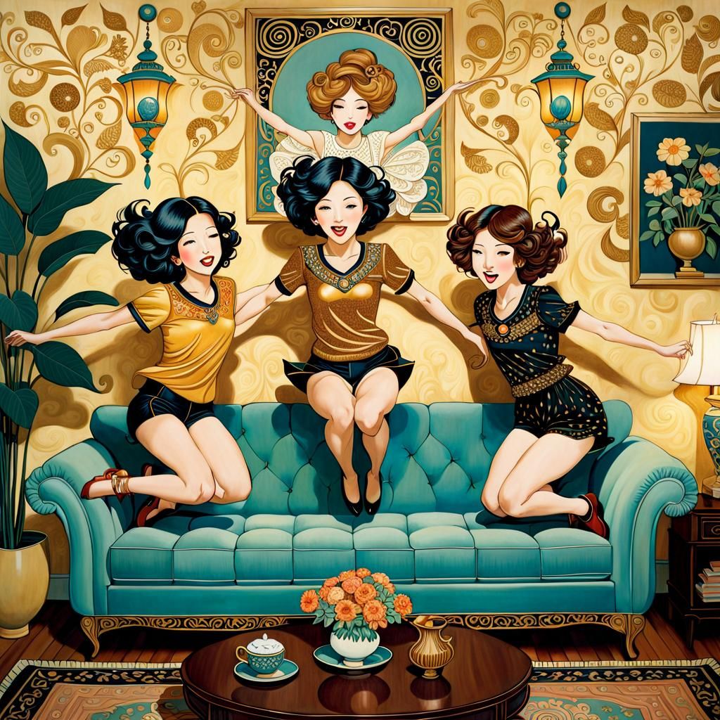 Whimsical Women Jumping on Couch in Art Nouveau Style
