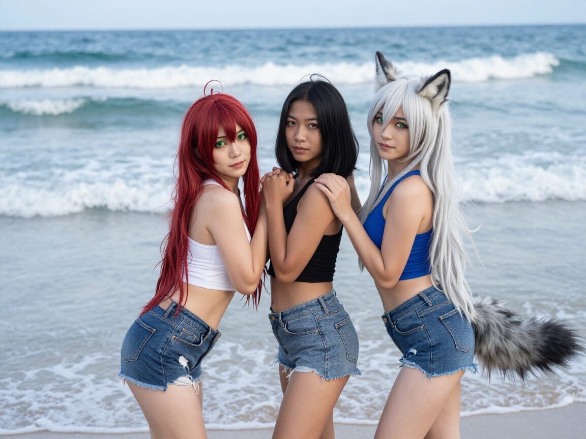 Women Enjoying Beach Waves in Summer Attire