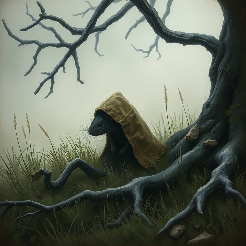 Mouse Hiding in Misty Countryside, Atmospheric Illustration