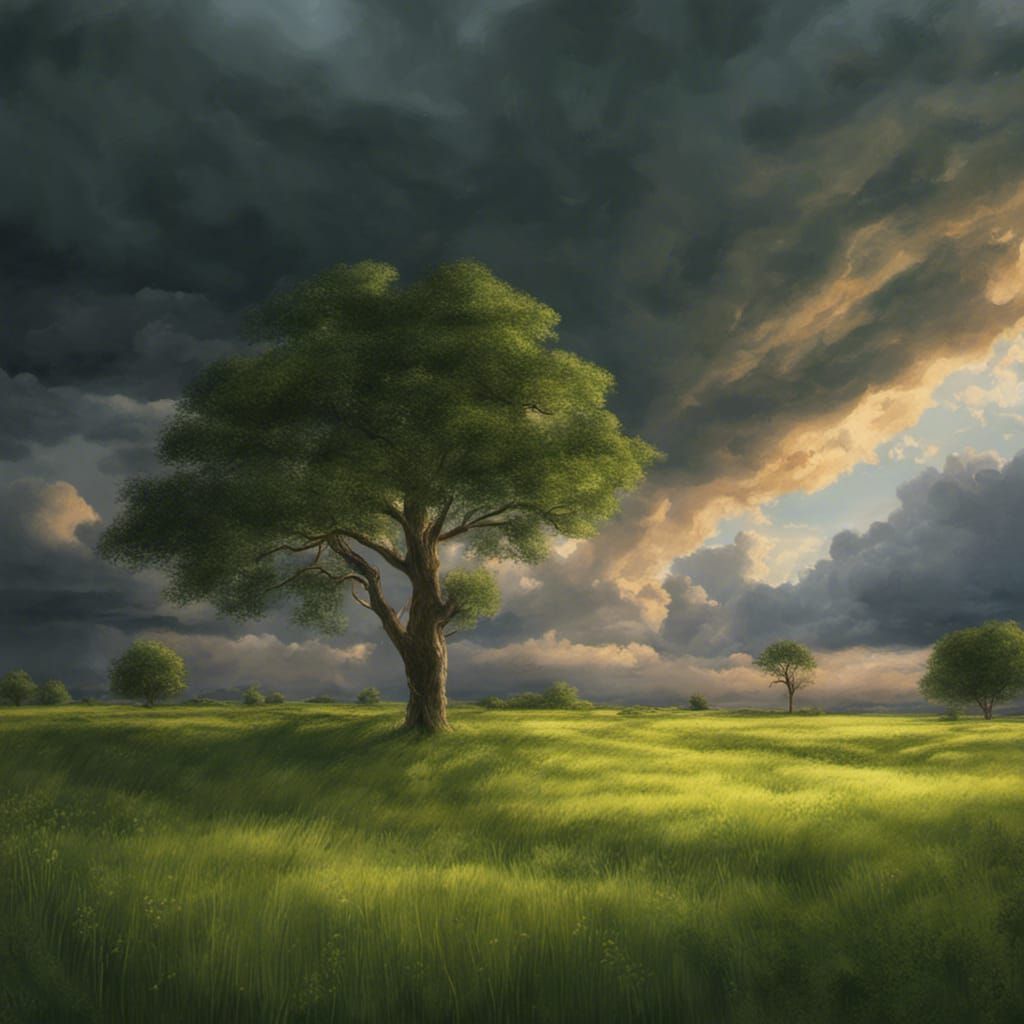 Storm Clouds Over Meadow: Kuinji Style, Photorealism