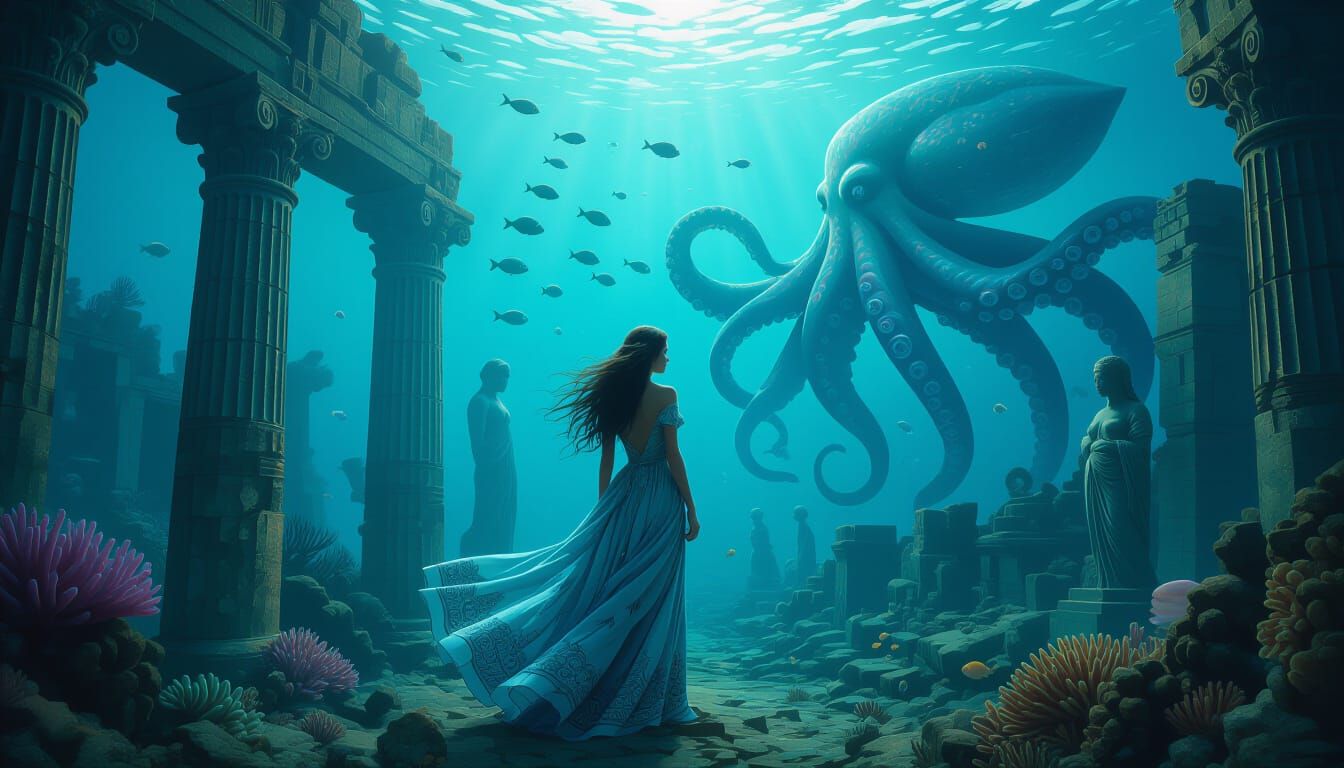 Underwater City Ruins with Kraken in Biomechanical Style